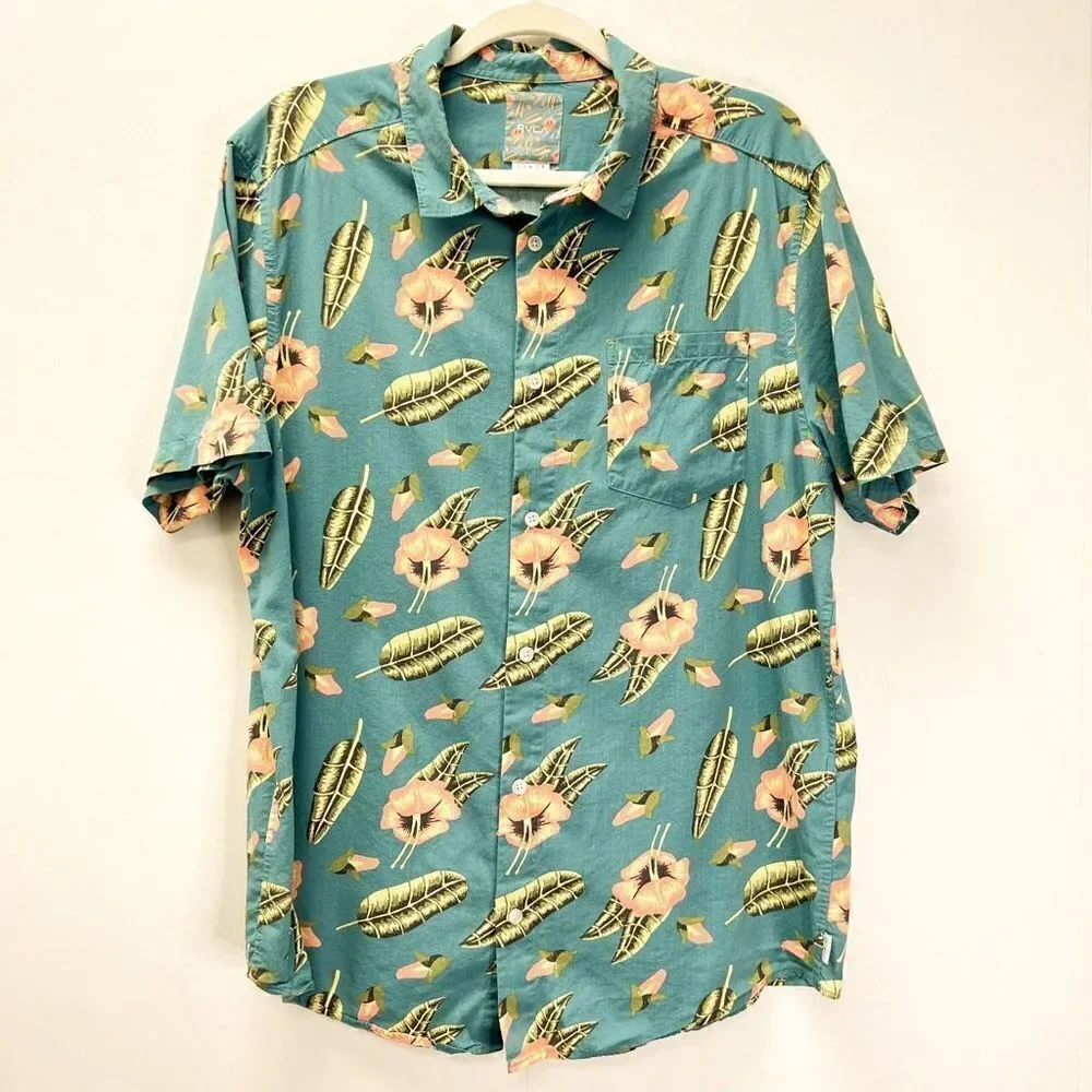 RVCA Tropical Hawaiian Shirt Green Floral Print Short Sleeve Button Down Shirt L